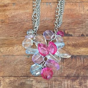 Silver Pink Purple Blue Bead Statement Necklace